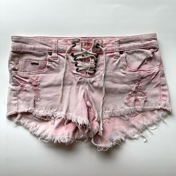 Billabong Pink Distressed Denim Jean Lace Up Shorts - Picture 3 of 5